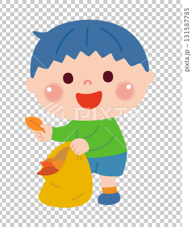 Illustration of a boy picking up fallen leaves 131587785