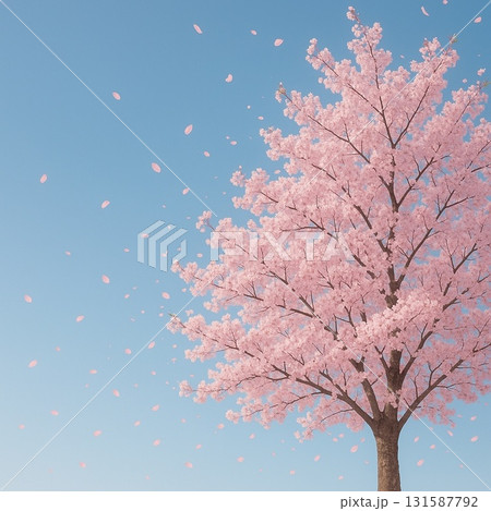 青空に咲く満開の桜と舞い散る花びら 青空に咲く満開の桜と舞い散る花びら 131587792