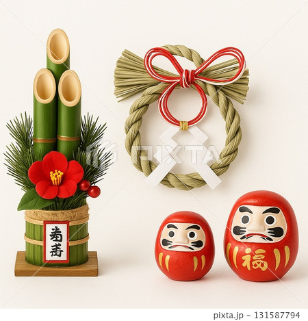 正月飾り（門松・しめ縄・だるま）のセットのイラスト素材 [131587794