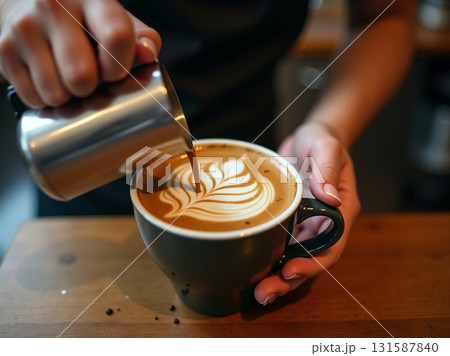 Barista hands pour milk from a stainless steel pitcher to create delicate latte art in a dark green ceramic mug. 131587840