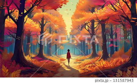 紅葉した森を散策する人 131587943
