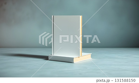 An empty white room with an open door leads to a blank 3D box template on a white background. 131588150