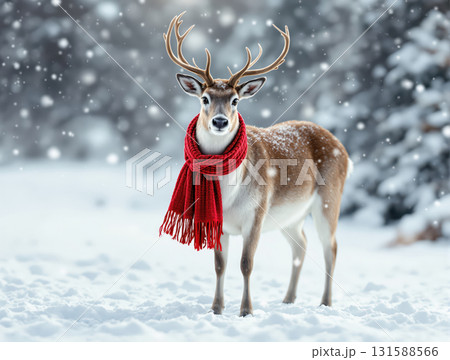 Reindeer wearing red scarf standing gracefully in snowy winter landscape Reindeer wearing red scarf standing gracefully in snowy winter landscape 131588566