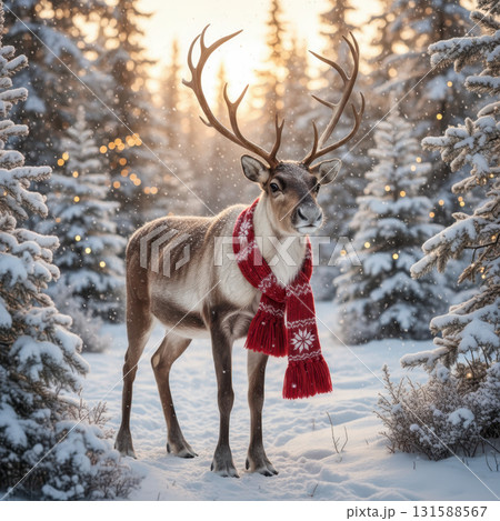 Reindeer wearing red scarf standing in snowy winter forest with sunlight 131588567