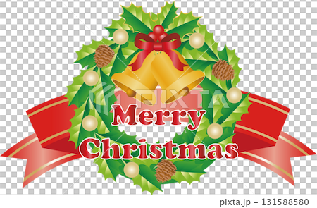 [Merry Christmas] Holly wreath and jingle bells vector illustration 131588580