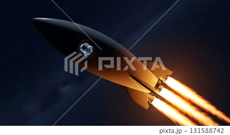 A sleek rocket blasts off into the starry night sky with fiery exhaust 131588742