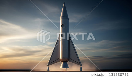 A sleek, modern rocket stands ready for launch against a dramatic sunset sky A sleek, modern rocket stands ready for launch against a dramatic sunset sky 131588751