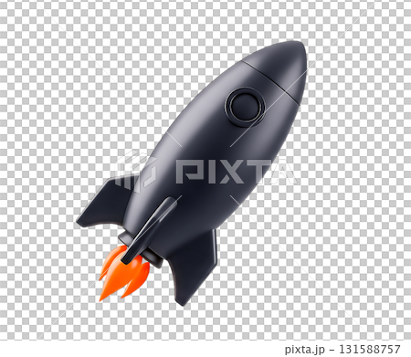 A sleek black rocket ship blasting off with fiery exhaust, isolated on transparent background 131588757