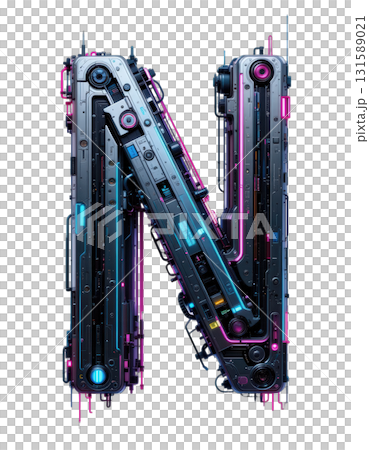 Futuristic letter N transparent background PNG digital typography neon cyberpunk style glowing effect metallic surface design element graphic art 131589021