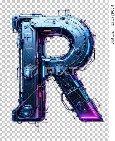 Futuristic metallic letter R with transparent background png file featuring blue purple gradient holographic surface technology design digital art 131589024