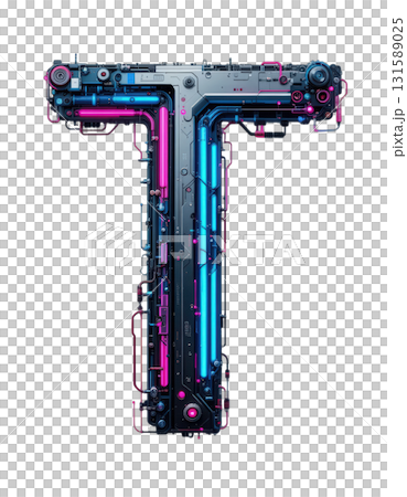 Futuristic neon letter T with transparent background png format featuring blue purple metallic texture digital typography design glowing electric style modern 131589025