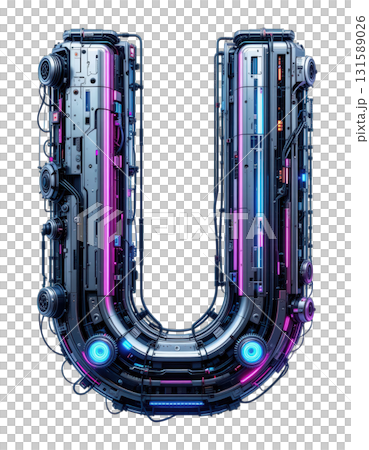 Futuristic neon letter U with transparent background png format featuring blue purple gradient cyberpunk style digital typography perfect for modern design project 131589026