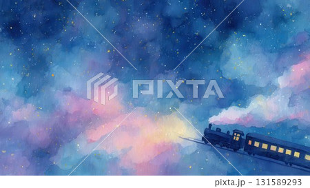 夜空を走る蒸気機関車 水彩風のファンタジー背景 131589293