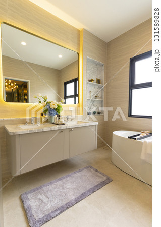 modern bathroom with marble and natural stone 131589828