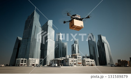 都市の高層ビル群の間を飛行するドローン　次世代物流の未来イメージ 131589879