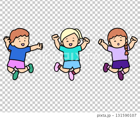 Set of three smiling Caucasian girls jumping Set of three smiling Caucasian girls jumping 131590107