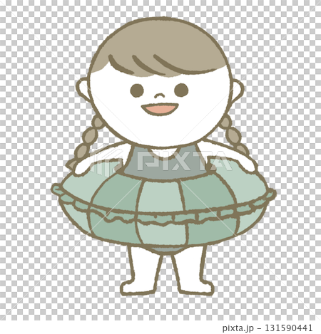 Child in a swimsuit holding a swim ring 131590441