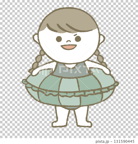 A child in a swimsuit holding a swim ring with a proud look on his face 131590445