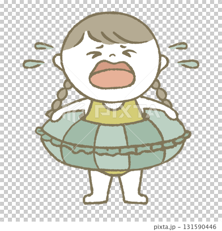 Crying child in a swimsuit holding a swim ring 131590446