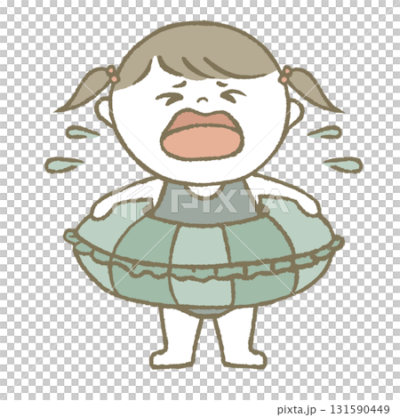 一個穿著泳衣的孩子拿著游泳圈，臉上帶著自豪的表情 131590449