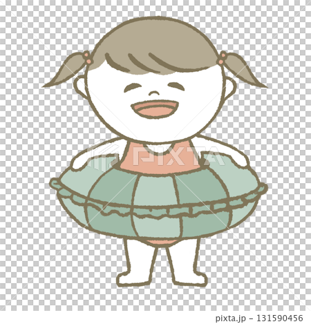 Child in a swimsuit holding a swim ring 131590456