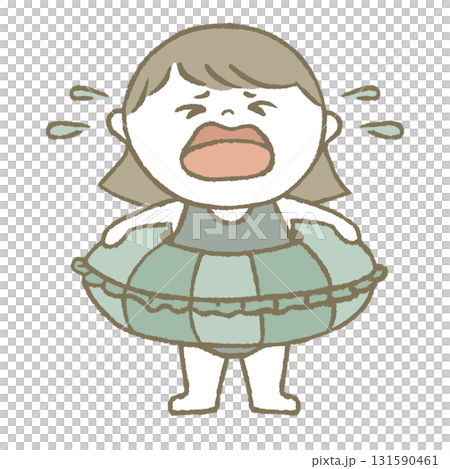 Crying child in a swimsuit holding a swim ring Crying child in a swimsuit holding a swim ring 131590461