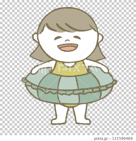 Child in a swimsuit holding a swim ring 131590469