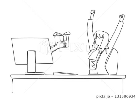 Single continuous line drawing hands out of the monitor screen while holding a gift box. Expressions of gratitude from online relations. Happy. Things from Screen. One line design vector illustration Single continuous line drawing hands out of the monitor screen while holding a gift box. Expressions of gratitude from online relations. Happy. Things from Screen. One line design vector illustration 131590934