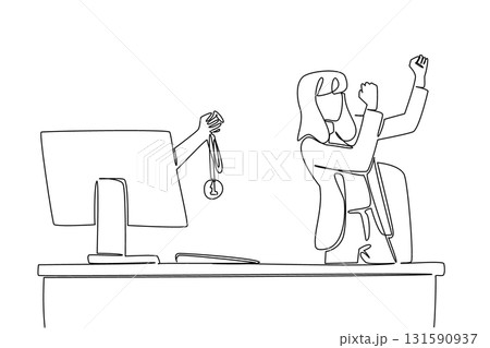 Single one line drawing hands out of the monitor screen while holding a medal. Confirmation from fellow businesswomen. Award. Happiness. Things from Screen. Continuous line design graphic illustration Single one line drawing hands out of the monitor screen while holding a medal. Confirmation from fellow businesswomen. Award. Happiness. Things from Screen. Continuous line design graphic illustration 131590937