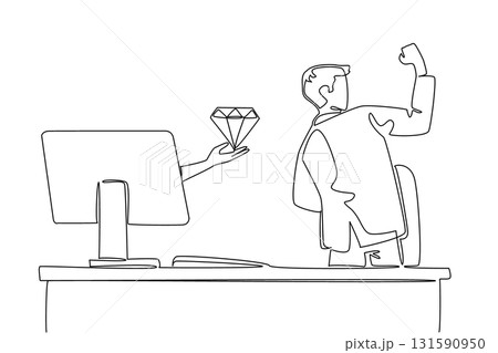 Continuous one line drawing hands out of the monitor screen while holding diamond. The joy of finding a new mine point full of diamonds. Things from Screen. Single line draw design vector illustration 131590950