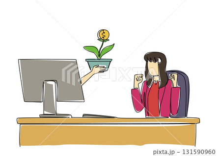 Continuous one line drawing hands out of monitor screen while holds money tree with dollar coin fruit. Symbolism of growing investment. Things from Screen. Single line draw design vector illustration Continuous one line drawing hands out of monitor screen while holds money tree with dollar coin fruit. Symbolism of growing investment. Things from Screen. Single line draw design vector illustration 131590960