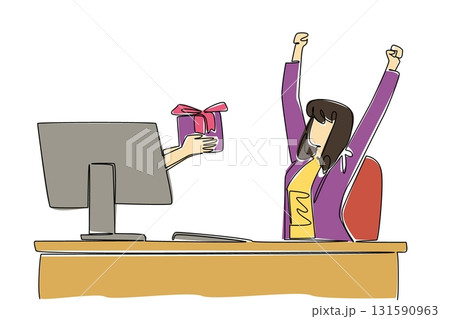 Single continuous line drawing hands out of the monitor screen while holding a gift box. Expressions of gratitude from online relations. Happy. Things from Screen. One line design vector illustration 131590963