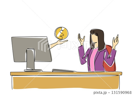Continuous one line drawing hands out of monitor screen while holds penny. Ease of doing business while making profitable investments. Things from Screen. Single line draw design vector illustration 131590968