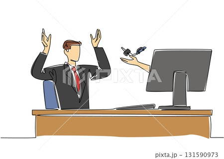 Continuous one line drawing hands out of monitor screen while holding car key with a car shaped keychain. Symbolism of online shopping. Things from Screen. Single line draw design vector illustration Continuous one line drawing hands out of monitor screen while holding car key with a car shaped keychain. Symbolism of online shopping. Things from Screen. Single line draw design vector illustration 131590973