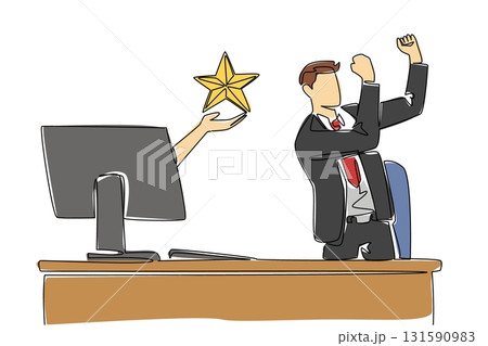 Single continuous line drawing hands out of monitor screen while holding a star shape. Get the best rating for performance. Award. Recognition. Things from Screen. One line design vector illustration Single continuous line drawing hands out of monitor screen while holding a star shape. Get the best rating for performance. Award. Recognition. Things from Screen. One line design vector illustration 131590983