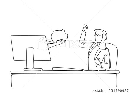 Single continuous line drawing hands out of monitor screen while holding piggy bank. Invest now for a bright future. The joy of businesswoman. Things from Screen. One line design vector illustration 131590987