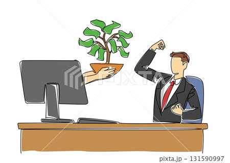 Single one line drawing hands out of the monitor screen while holding a money tree with leaves made of banknotes. Investment benefits. Things from Screen. Continuous line design graphic illustration 131590997