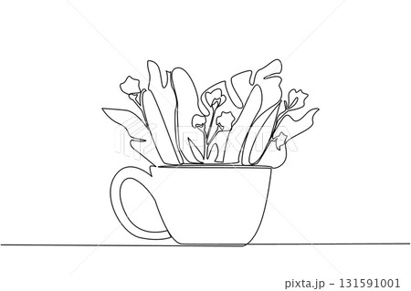 Continuous one line drawing cup filled with leaves and flowers. Bouquet of plants in a unique place. Eye catching decoration. Floral. Soaking Inside Cup. Single line draw design vector illustration Continuous one line drawing cup filled with leaves and flowers. Bouquet of plants in a unique place. Eye catching decoration. Floral. Soaking Inside Cup. Single line draw design vector illustration 131591001