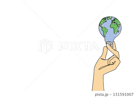 Single one line drawing hand holding a bulb whose surface is like a globe. Symbolism of environmentally friendly electricity. Bright future. Holding Bulb. Continuous line design graphic illustration 131591007