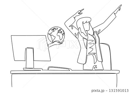 Single continuous line drawing hands out of monitor screen while holding globe. Rejoice in the new business network that is being established. Things from Screen. One line design vector illustration 131591013