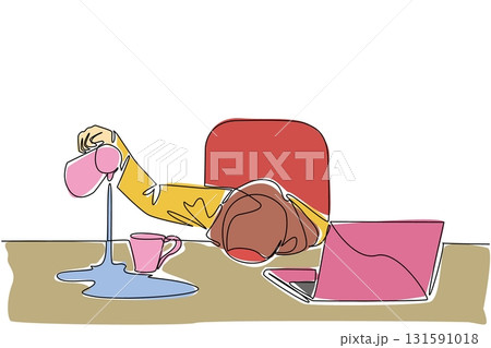 Single continuous line drawing Arab businesswoman holds pitcher of coffee and pours its contents into the side of glass. Tired to the point of drowsiness. Tired. One line design vector illustration 131591018