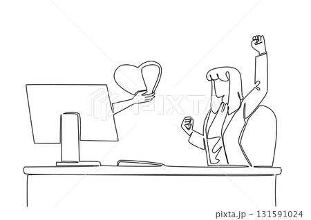 Single one line drawing hands out of the monitor screen while holding love. Excited makes the atmosphere more romantic. Love is sharing. Things from Screen. Continuous line design graphic illustration Single one line drawing hands out of the monitor screen while holding love. Excited makes the atmosphere more romantic. Love is sharing. Things from Screen. Continuous line design graphic illustration 131591024