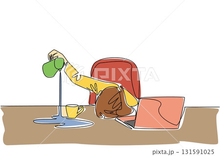 Single continuous line drawing businesswoman holding a pitcher of coffee and pouring its contents into the side of the glass. Overtime until late. Exhausted. Tired. One line design vector illustration Single continuous line drawing businesswoman holding a pitcher of coffee and pouring its contents into the side of the glass. Overtime until late. Exhausted. Tired. One line design vector illustration 131591025