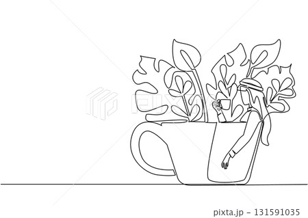 Single one line drawing man wearing turban holding a cup while soaking and leaning on the cup. Take a moment to pamper itself. Leisure. Soaking Inside Cup. Continuous line design graphic illustration 131591035