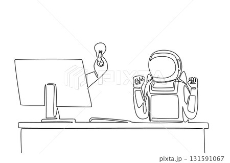 Continuous one line drawing hand of astronaut out of monitor screen while holding a bulb lamp. Get brilliant ideas about expeditions. Things from Screen. Single line draw design vector illustration Continuous one line drawing hand of astronaut out of monitor screen while holding a bulb lamp. Get brilliant ideas about expeditions. Things from Screen. Single line draw design vector illustration 131591067