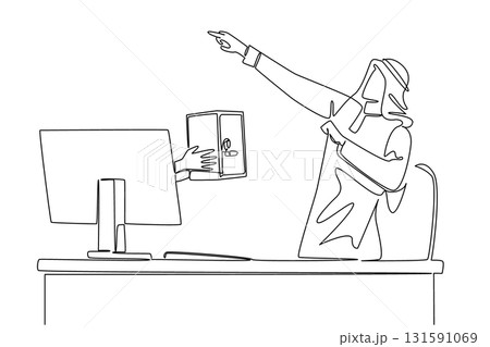 Single continuous line drawing hands out of the monitor screen while holding a safe deposit box. Happiness to secure data. Safe. Anti theft. Things from Screen. One line design vector illustration 131591069