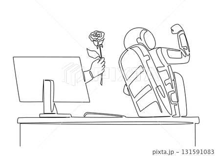 Continuous one line drawing hand of astronaut out of monitor screen while holding rose flower. Greetings of longing and love from earth. Things from Screen. Single line draw design vector illustration 131591083