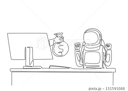 Single continuous line drawing hand of astronaut comes out of monitor screen while holding a money bag. Proper funding benefits the expedition. Things from Screen. One line design vector illustration Single continuous line drawing hand of astronaut comes out of monitor screen while holding a money bag. Proper funding benefits the expedition. Things from Screen. One line design vector illustration 131591088
