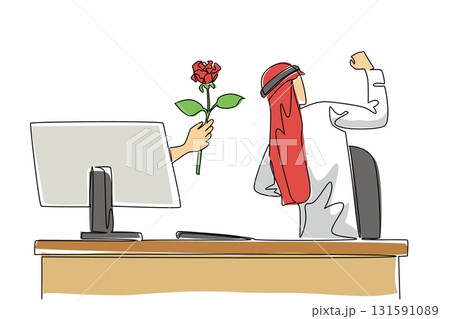 Single one line drawing hands out of the monitor screen while holding a rose flower. Happy to get the expected symbol of love. Romance. Things from Screen. Continuous line design graphic illustration 131591089