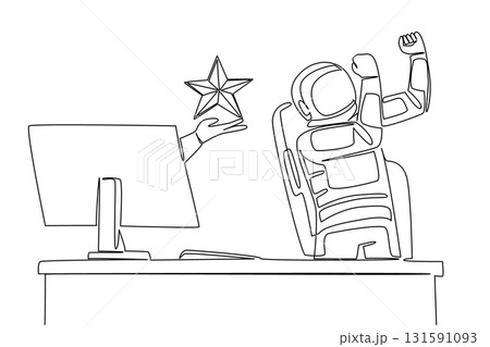 Continuous one line drawing hand of astronaut out of monitor screen while holding a star shape. Astronauts who shine like stars. Rate. Things from Screen. Single line draw design vector illustration 131591093